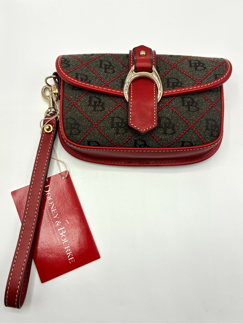 Dooney & Bourke Signature DB Jacquard Wristlet Red Leather w/ Tag